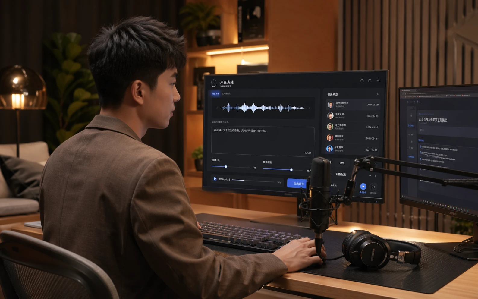 创作者在专业工作室使用 Qwen3-TTS 平台进行声音克隆与AI配音,屏幕显示音频波形和文本输入界面