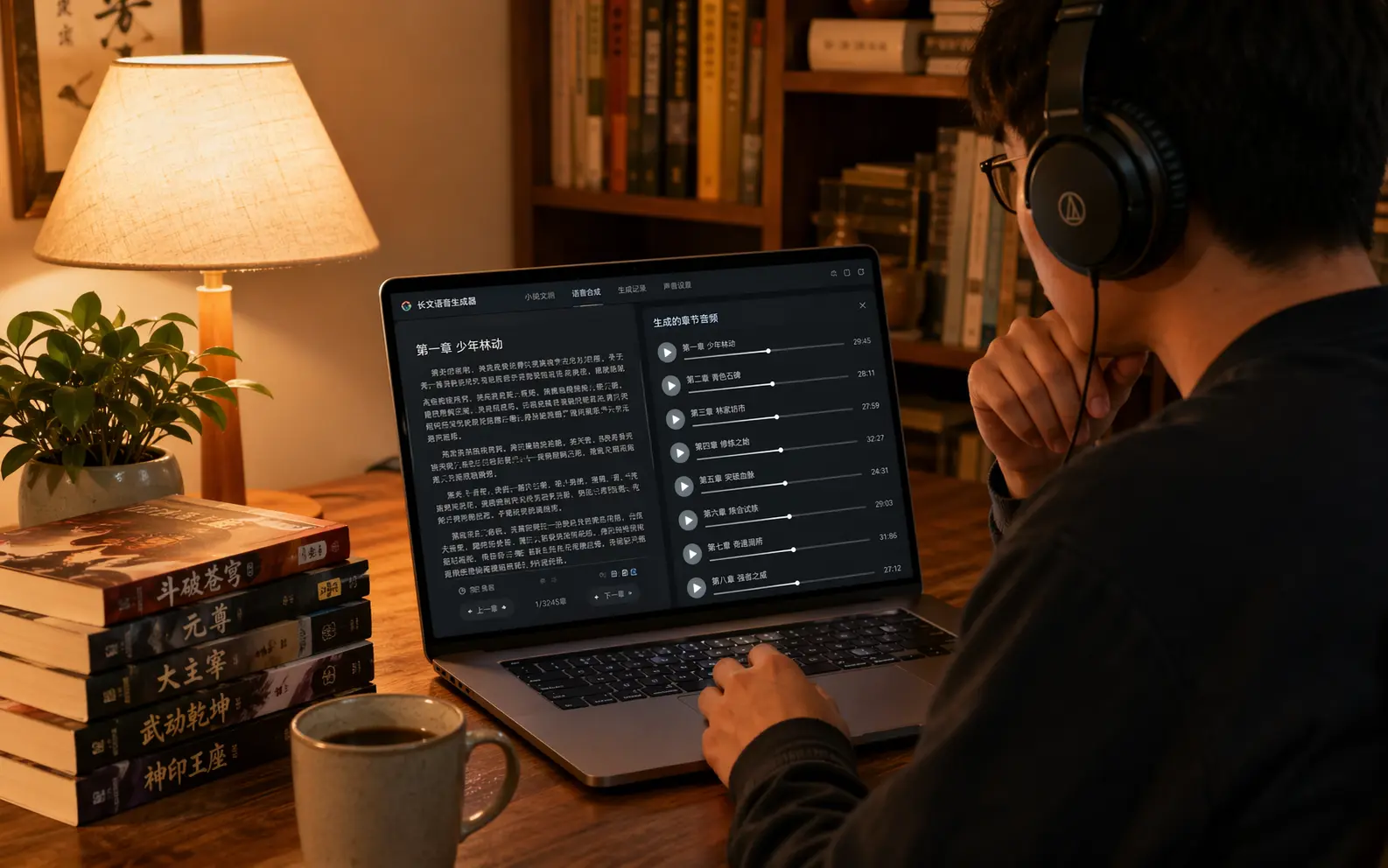 有声书创作者在书房使用 Qwen3-TTS 的 Qwen3 TTS 模型将网络小说转为AI配音有声内容