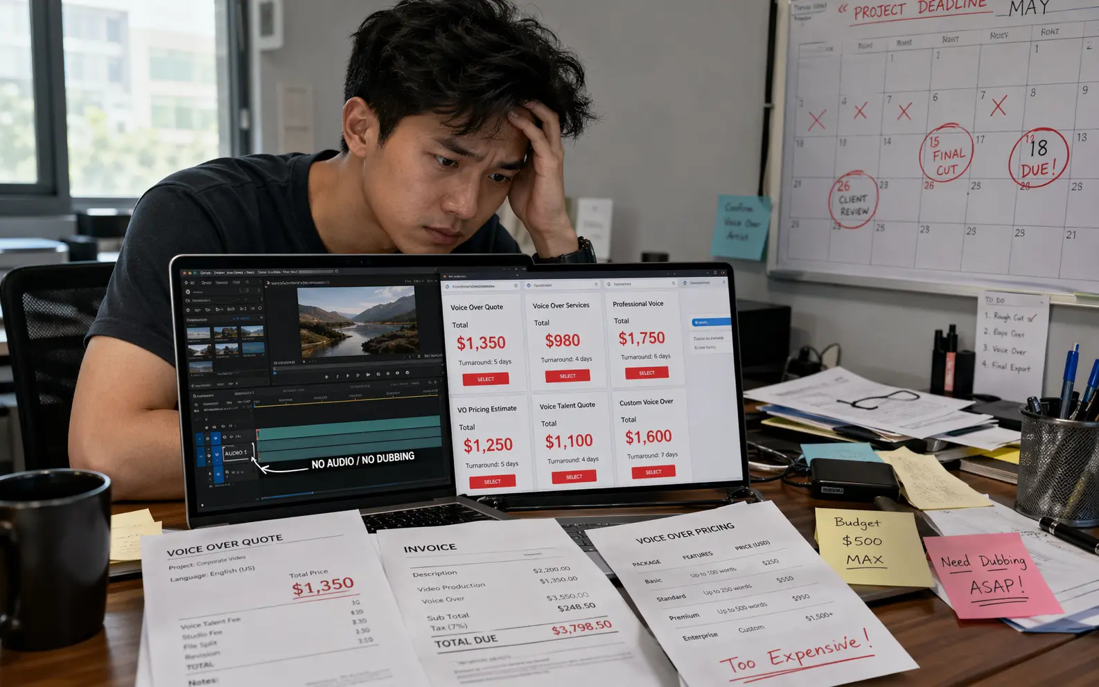 短视频创作者面对高额配音报价单和紧迫的内容更新排期,体现传统AI配音流程效率低、声音克隆需求迫切的痛点