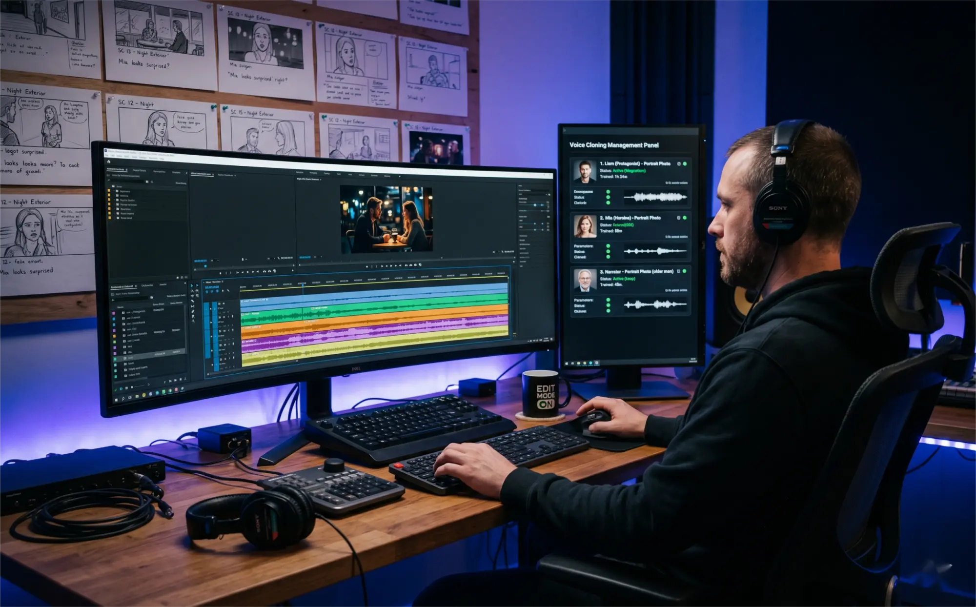 短剧制作团队在剪辑台使用 Qwen3-TTS 进行短剧配音,屏幕显示声音克隆角色列表