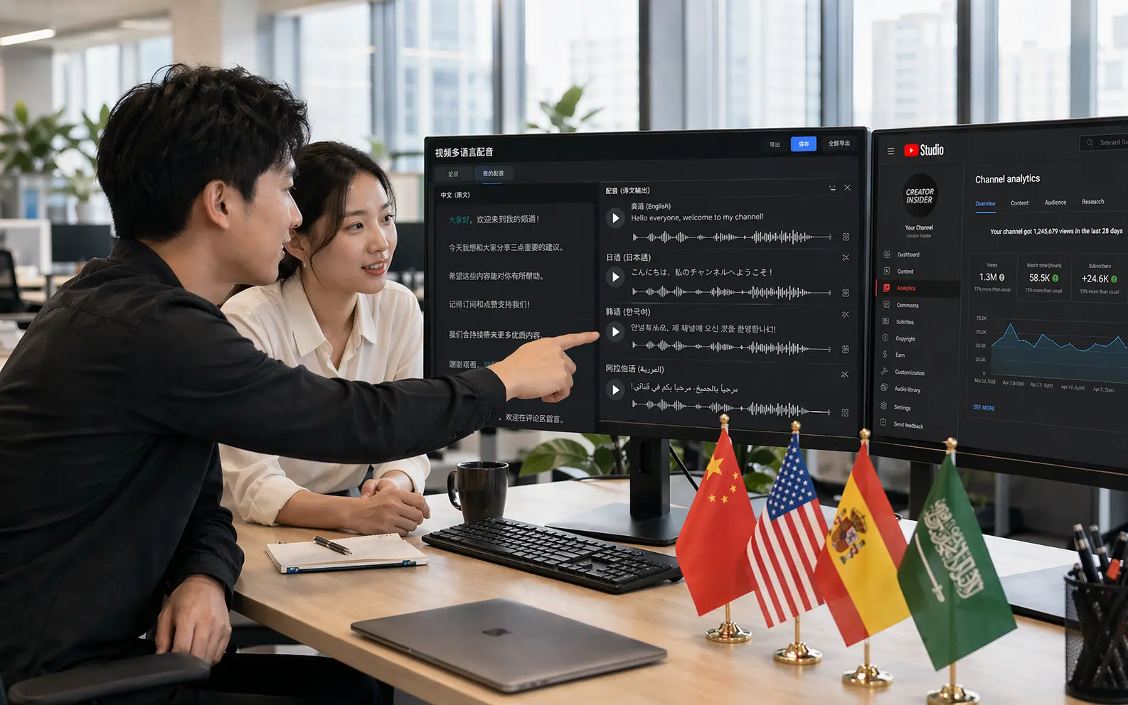 跨境内容团队使用 Qwen3-TTS 进行视频翻译出海,屏幕显示多语种AI配音输出界面